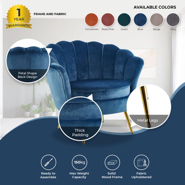 Bloomer Velvet Fabric Accent Sofa Love Chair – Blue, 1 x Sofa Chair