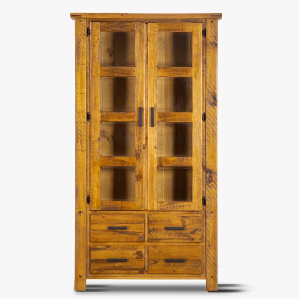 Teasel Display Unit Glass Door Bookcase Solid Pine Timber Wood – Rustic Oak