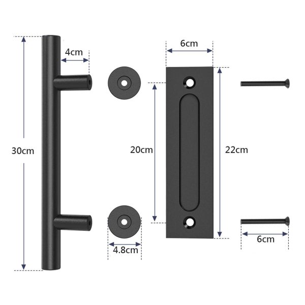 30cm Pull and Flush Barn Door Handle Square Handles set of Frosted Black Surface – Round