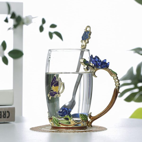 Hand Made Enamel daisy Flower Glass Coffee Mug Tea Cup Spoon Gift Idea Blue – Large