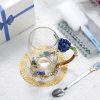 Hand Made Enamel daisy Flower Glass Coffee Mug Tea Cup Spoon Gift Idea Blue – Large