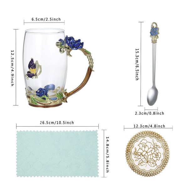 Hand Made Enamel daisy Flower Glass Coffee Mug Tea Cup Spoon Gift Idea Blue – Large