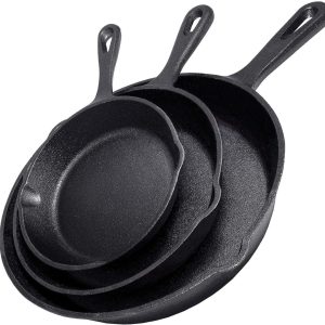 Cast Iron Skillet Cookware 3-Piece Set Chef Quality Pre-Seasoned Pan 10