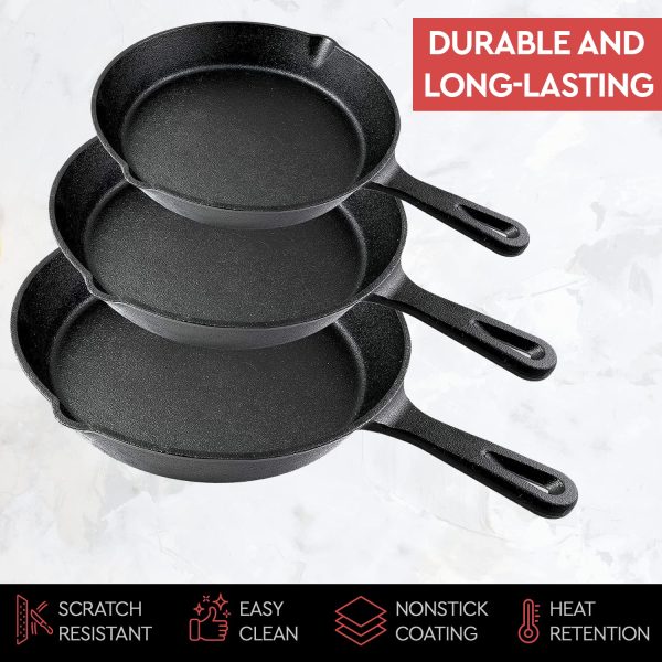 Cast Iron Skillet Cookware 3-Piece Set Chef Quality Pre-Seasoned Pan 10″ 8″ 6″ Pans