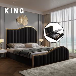 King Size Elegant Luxury Bedframe with Gas Lift Storage Black Velvet Fabric Golden Trim