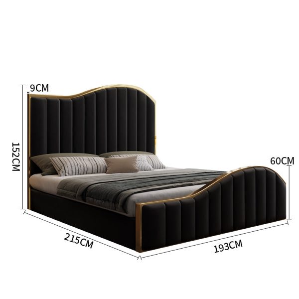 King Size Elegant Luxury Bedframe with Gas Lift Storage Black Velvet Fabric Golden Trim