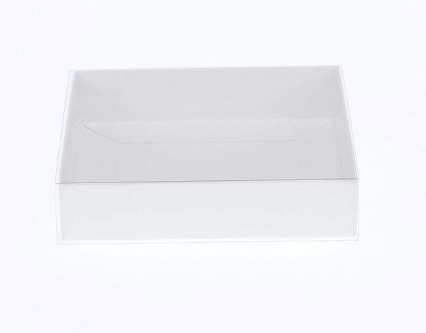 10 Pack of 15cm Square Invitation Coaster Favor Function product Presentation Cookie Biscuit Patisserie Gift Box – 4cm deep – White Card with Clear Sl