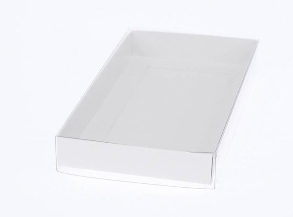 10 Pack of White Card Box – Clear Slide On Lid – Large Beauty Product Gift Giving Hamper Tray Merch Fashion Cake Sweets Xmas – 17x25x5 cm