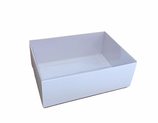 10 Pack of White Card Box – Clear Slide On Lid – Large Beauty Product Gift Giving Hamper Tray Merch Fashion Cake Sweets Xmas – 17x25x5 cm