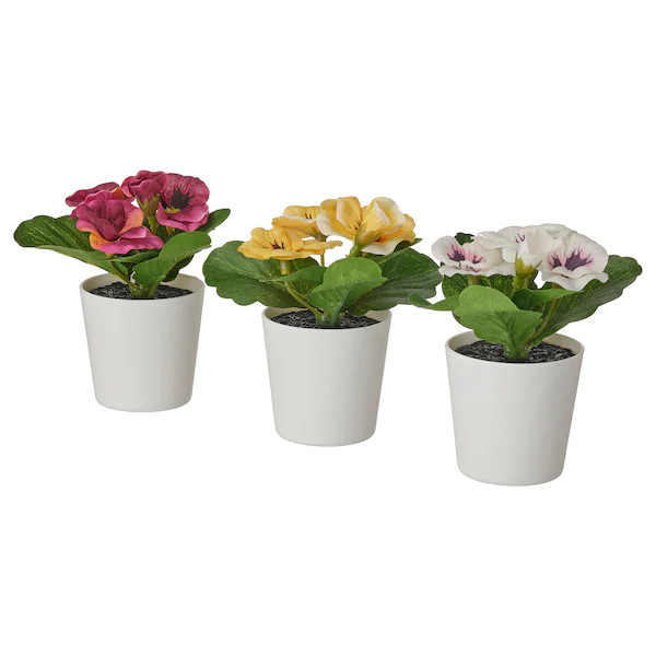 3 Pack of Artificial Spring Bright Colours Potted Plants in White Plastic 6cm Pot Interior Decoration