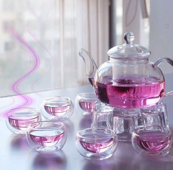 1 Set of Gongfu Chinese Ceremony Tea Set – 6 Glass cups with Infuser and Tealight Candle Pot Warmer