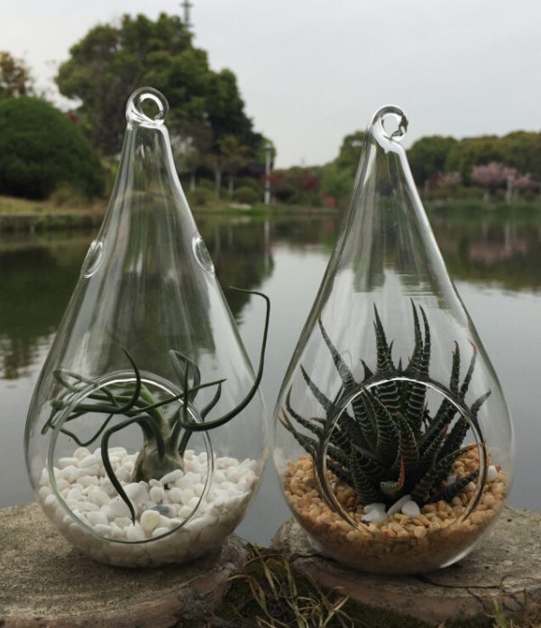 4 Pack of Hanging Clear Glass Tealight Candle Holder Tear Drop Pear Shape – 12cm High – Terrarium Plant Mini Garden Holder Decor