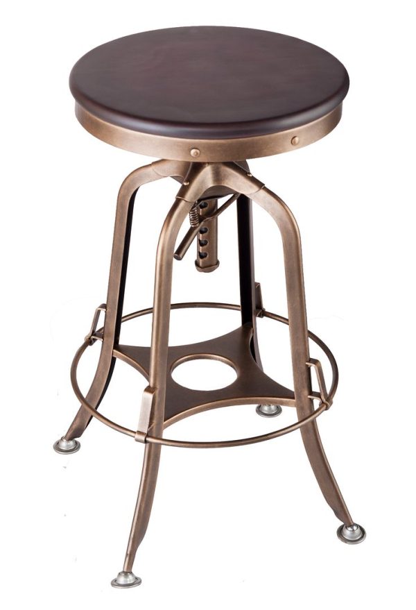 Industrial Wooden Height Adjustable Swivel Bar Stool – French Brass