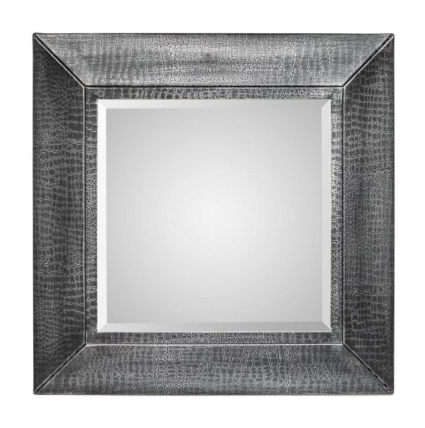 Square Wall Mirror with Croc Pattern Frame in Silver Finish