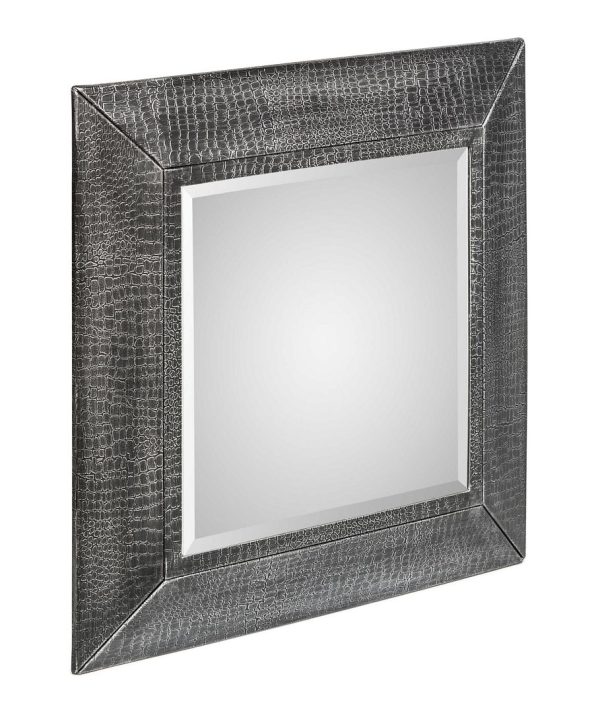 Square Wall Mirror with Croc Pattern Frame in Silver Finish