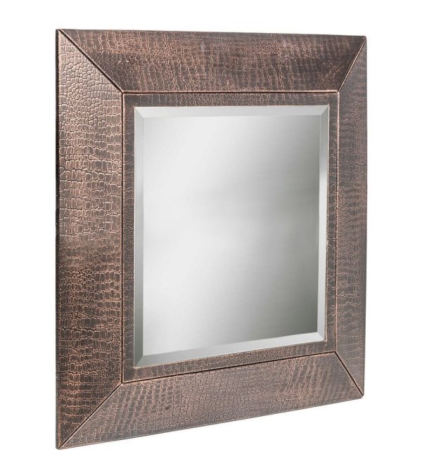 Square Wall Mirror with Croc Pattern Frame in Copper Finish