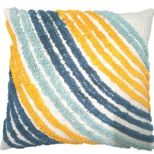 Cream cushion with blue/yellow tufted stripes 45x45cm