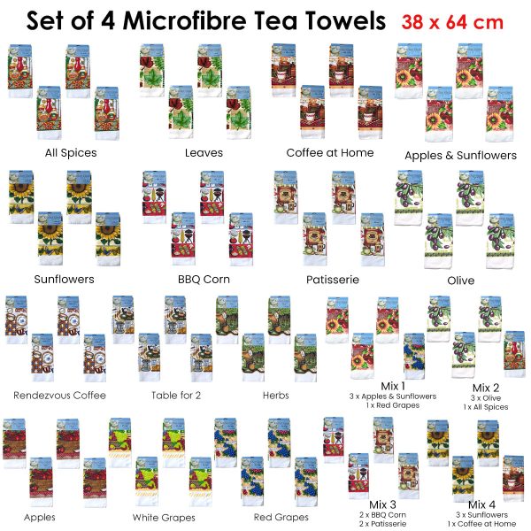 Set of 4 Microfibre Printed Tea Towels – All Pieces