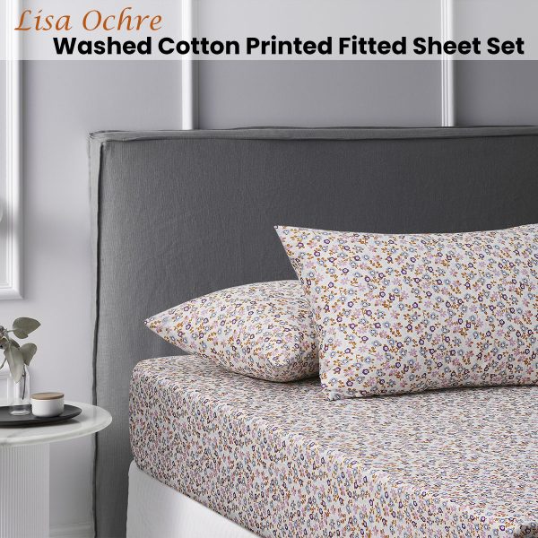 Lisa Ochre Washed Cotton Printed Fitted Sheet Set Queen