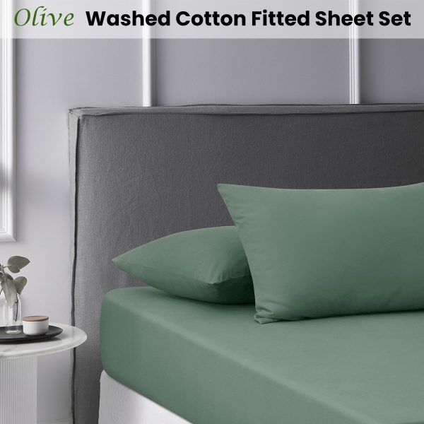 Olive Washed Cotton Fitted Sheet Set King