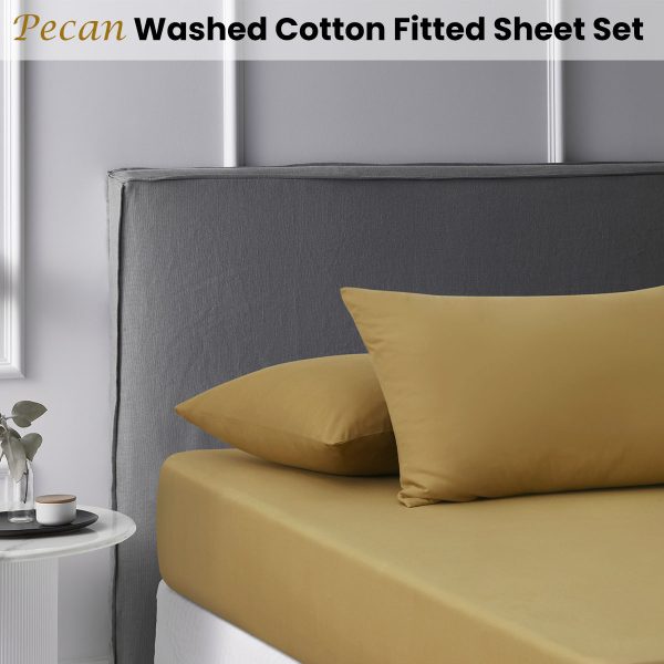 Pecan Washed Cotton Fitted Sheet Set Single