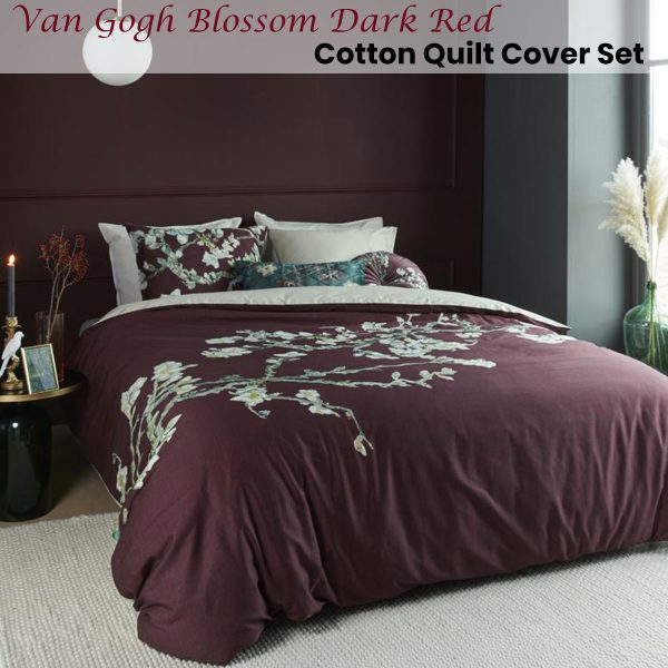 Van Gogh Blossom Dark Red Cotton Quilt Cover Set Queen