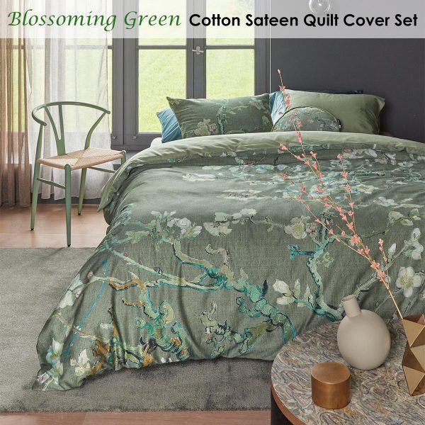 Blossoming Green Cotton Sateen Quilt Cover Set Queen