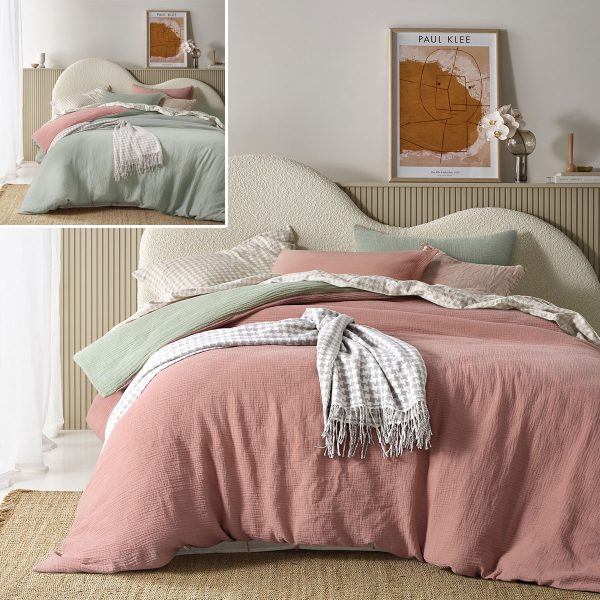 Hugo Reversible Clay Sage Cotton Gauze Quilt Cover Set Queen