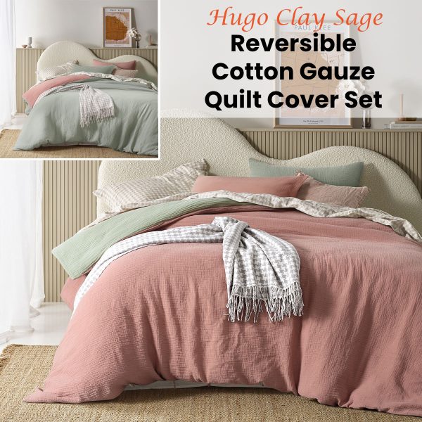 Hugo Reversible Clay Sage Cotton Gauze Quilt Cover Set Super King