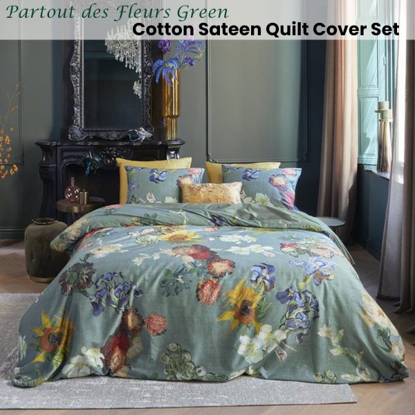 Van Gogh Partout des Fleurs Green Cotton Sateen Quilt Cover Set Queen