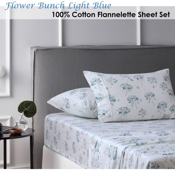 Cotton Flannelette Sheet Set Flower Bunch Light Blue Queen