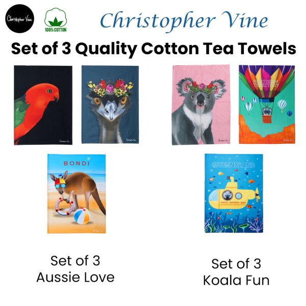 Set of 3 Christopher Vine Design 100% Cotton Tea Towels 50 x 70 cm – Koala Fun