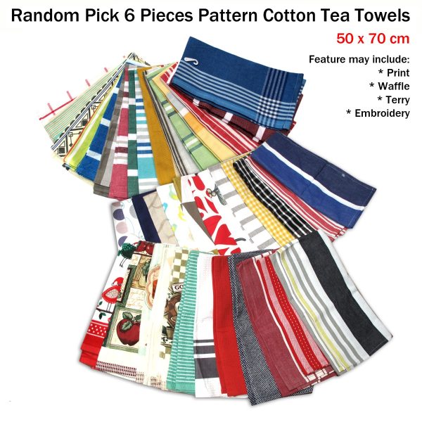 Random Pick Set of 6 100% Cotton Pattern Tea Towels – 50 x 70 cm