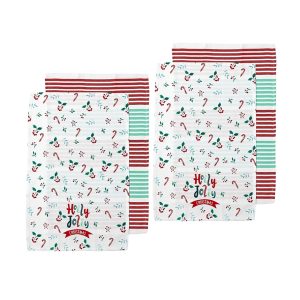 Ladelle Joyful Holly Jolly Christmas Set of 4 Cotton Kitchen Towels 45 x 70 cm