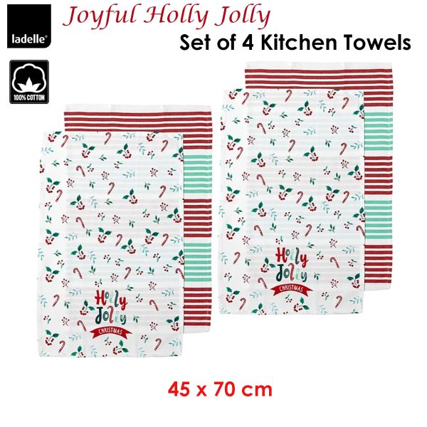 Ladelle Joyful Holly Jolly Christmas Set of 4 Cotton Kitchen Towels 45 x 70 cm