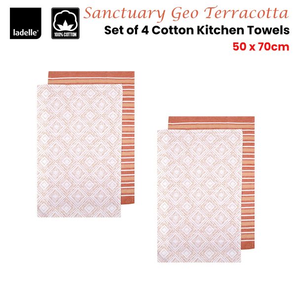 Sanctuary Geo Terracotta Set of 4 Cotton Kitchen Towels 45 x 70 cm