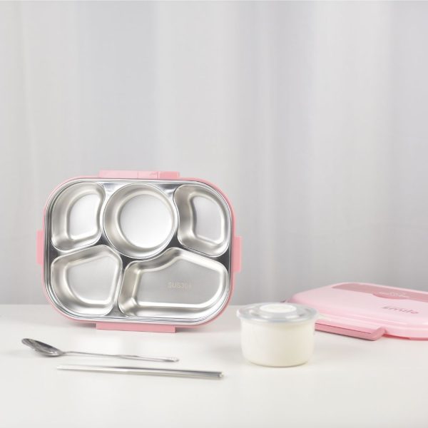 304 Stainless Steel 5 Divided Smile Lunch Box With Soup Pot – Small, Pink