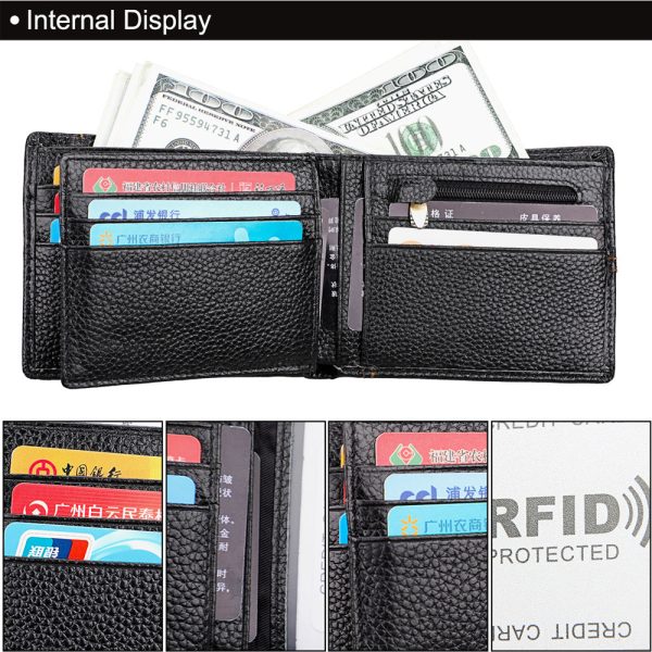 Men’s Genuine Leather Bilfold Wallet RFID Blocking Card Holder Zipper Coin Purse