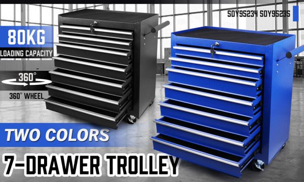 7-Drawer Drawer Tool Box Trolley Cabinet – Blue or Black Heavy Duty Tool Chest Garage Storage Cart Organizer