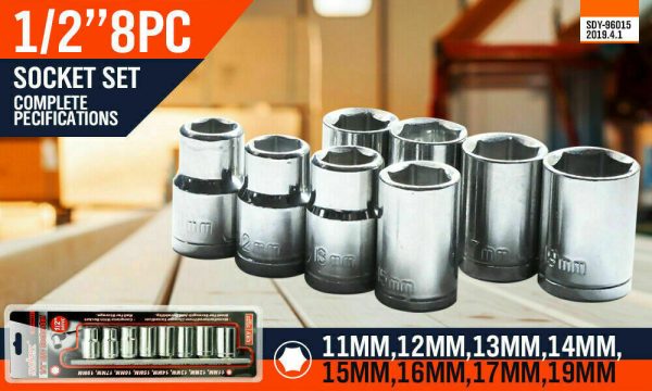 8Pc Metric Socket Set 1/2″ Drive 11MM – 19MM For Wrench CRV Mechanic With Holder