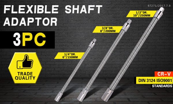 3PC Flexible Socket Extension Bars Shaft Set 1/2″ 1/4″ 3/8″ Drive 10″ 8″ 6″ Long