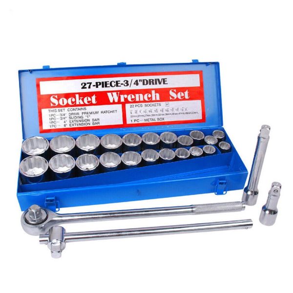 27Pc Heavy Duty Socket Wrench Set 3/4″ Drive Metric & Imperial Extension Case