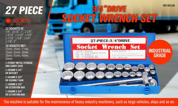 27Pc Heavy Duty Socket Wrench Set 3/4″ Drive Metric & Imperial Extension Case