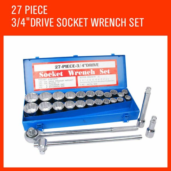 27Pc Heavy Duty Socket Wrench Set 3/4″ Drive Metric & Imperial Extension Case