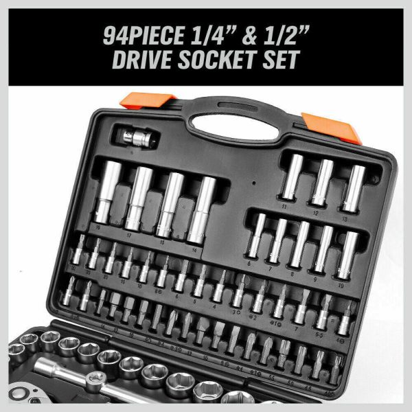 94Pc Socket Ratchet Wrench Set Screwdriver Bits Extension Torx Hex 1/4″ 1/2″ Dr.