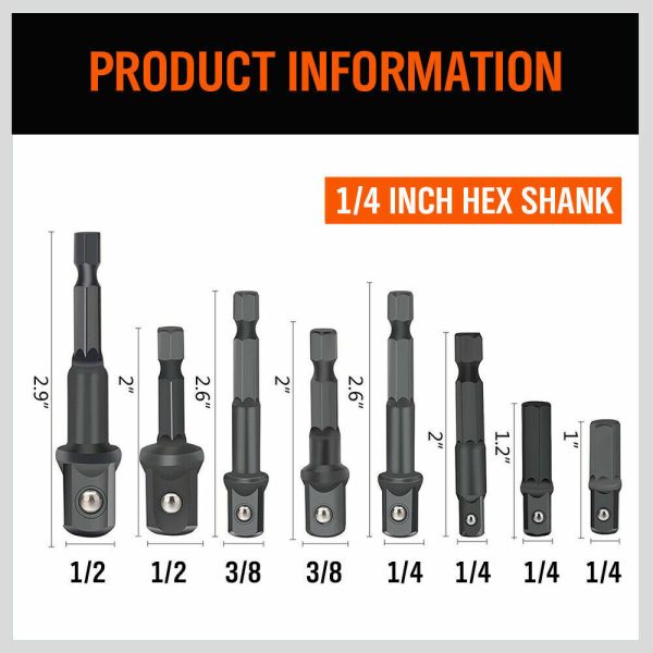 8Pc Drill Socket Adapter Set Impact Nut Driver Hex Extension Bits 1/4″ 3/8″ 1/2″