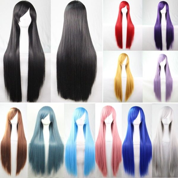 New 80cm Straight Sleek Long Full Hair Wigs w Side Bangs Cosplay Costume Womens – Dark Blue