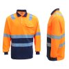 HI VIS Long Sleeve Workwear Shirt w Reflective Tape Cool Dry Safety Polo 2 Tone, Fluoro Orange / Navy – XL