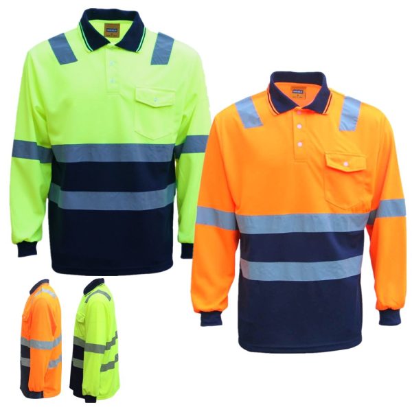 HI VIS Long Sleeve Workwear Shirt w Reflective Tape Cool Dry Safety Polo 2 Tone, Fluoro Orange / Navy – XL