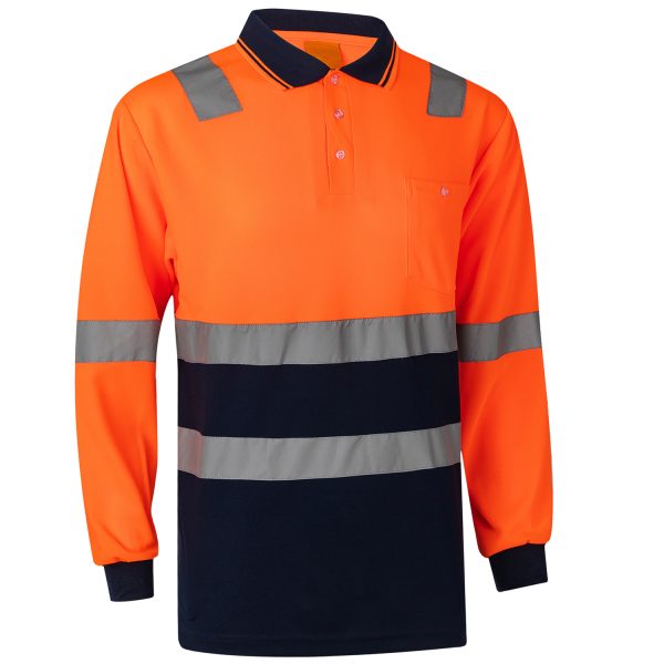 HI VIS Long Sleeve Workwear Shirt w Reflective Tape Cool Dry Safety Polo 2 Tone, Fluoro Orange / Navy – XL